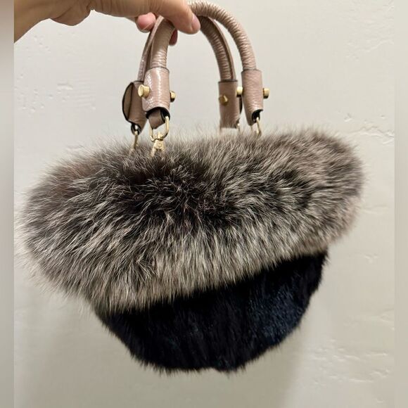 Colorblock Handmade Real Mink Fur & Fox Fur Removable  Colorblock Handmade Real Mink Fur & Fox Fur Removable leather Handles Bag